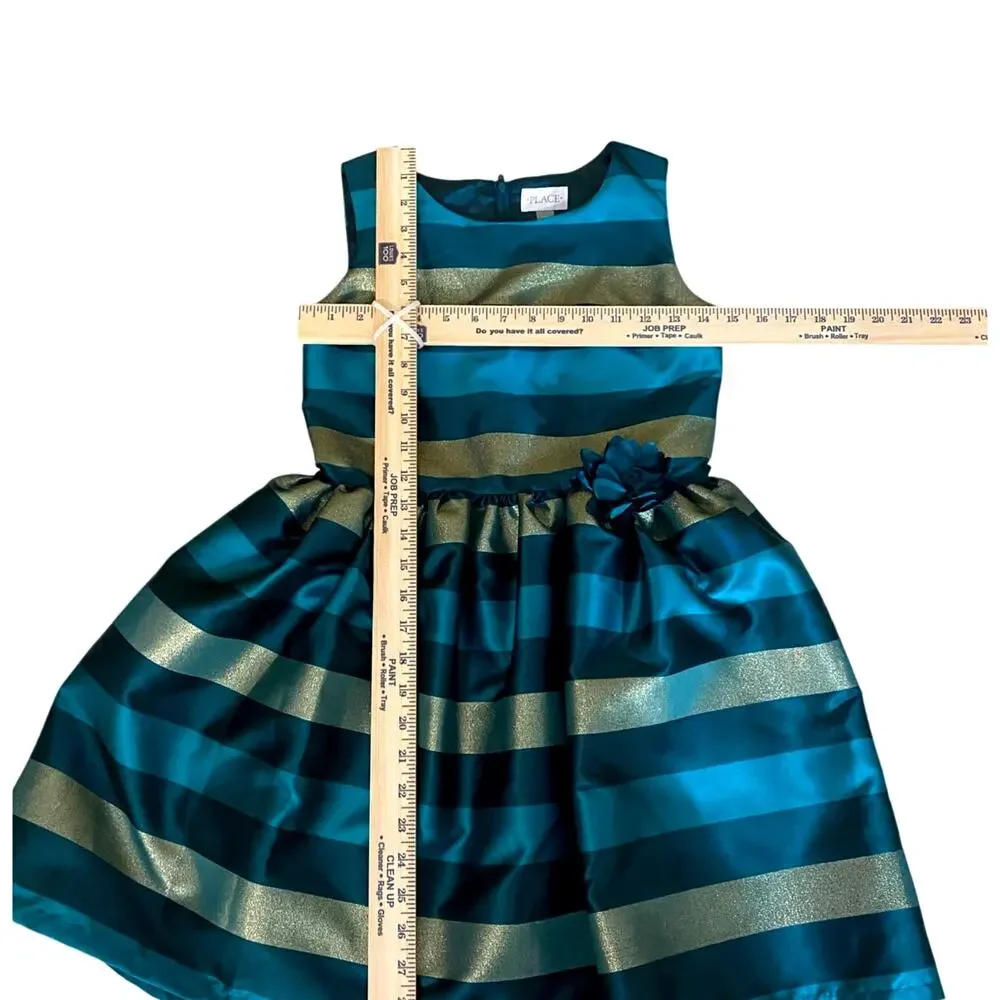 Place Girls Holiday Dress Size 12 Blue Green Stripes Flower Applique Christmas